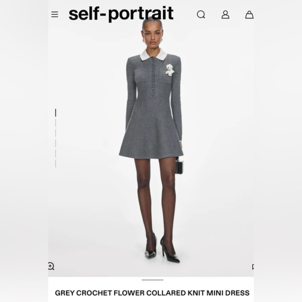 NEW Self-Portrait GREY CROCHET FLOWER COLLARED KNIT MINI DRESS